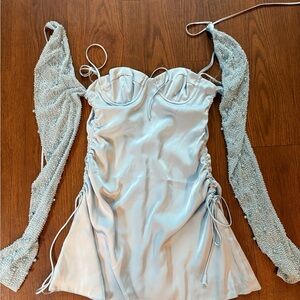 Oh Polly Pearl-Embellished Satin Mini Dress in Light Blue size 4! NEVER WORN